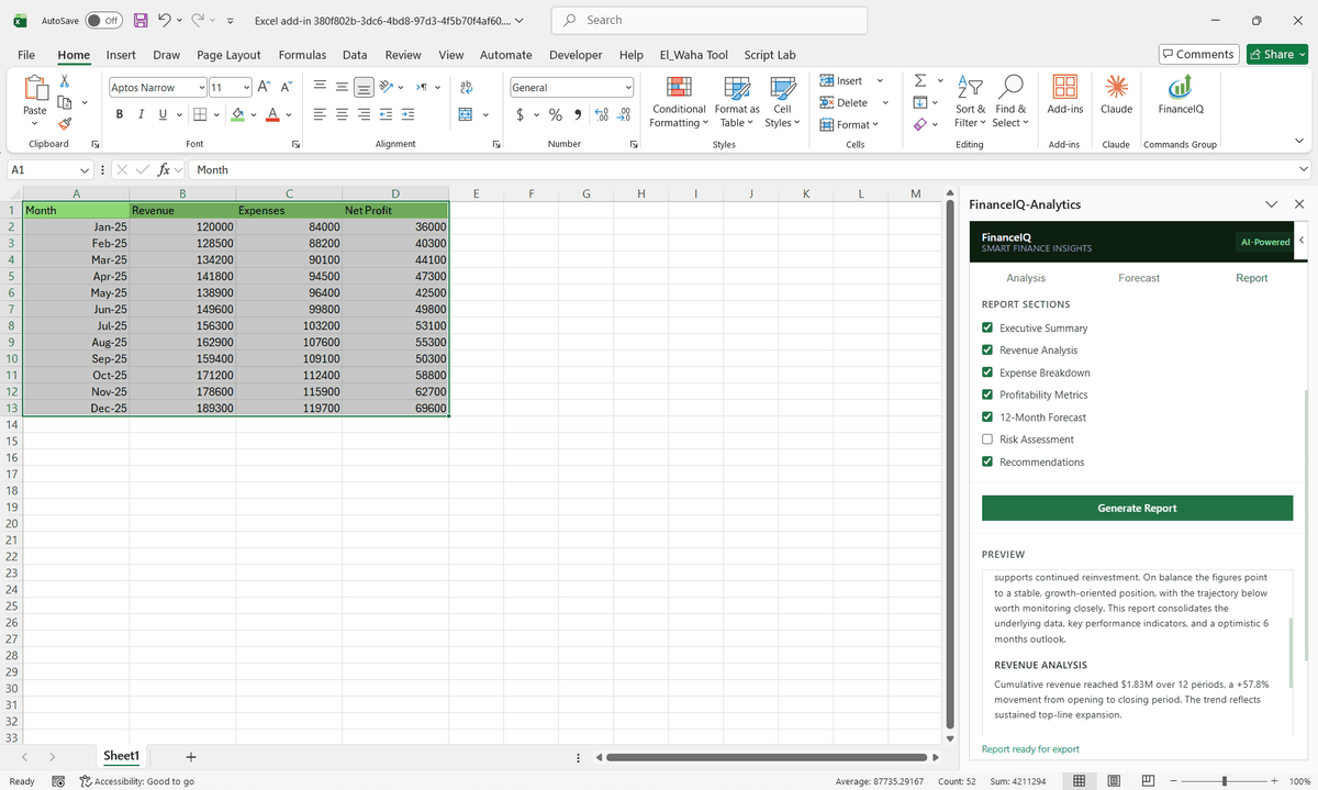 FinanceIQ Analytics report preview